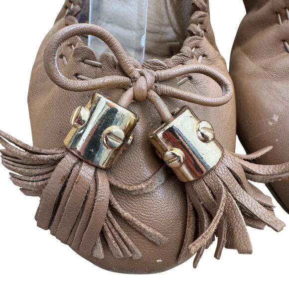 Tory Burch Reese Tan Leather Stretch Tassel Slip On Logo Ballet Flats Size 6 - Picture 8 of 8